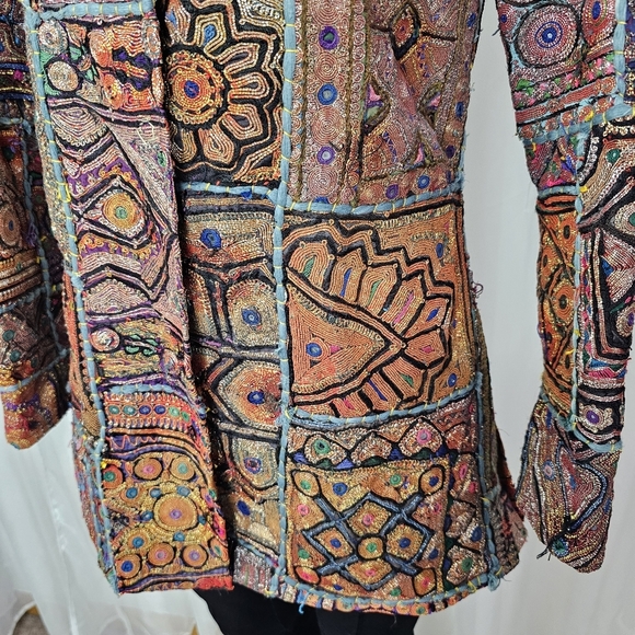 Vintage Unique Colorful Patchwork Jacket Intricate Embroidery Mandarin Collar - Picture 5 of 12